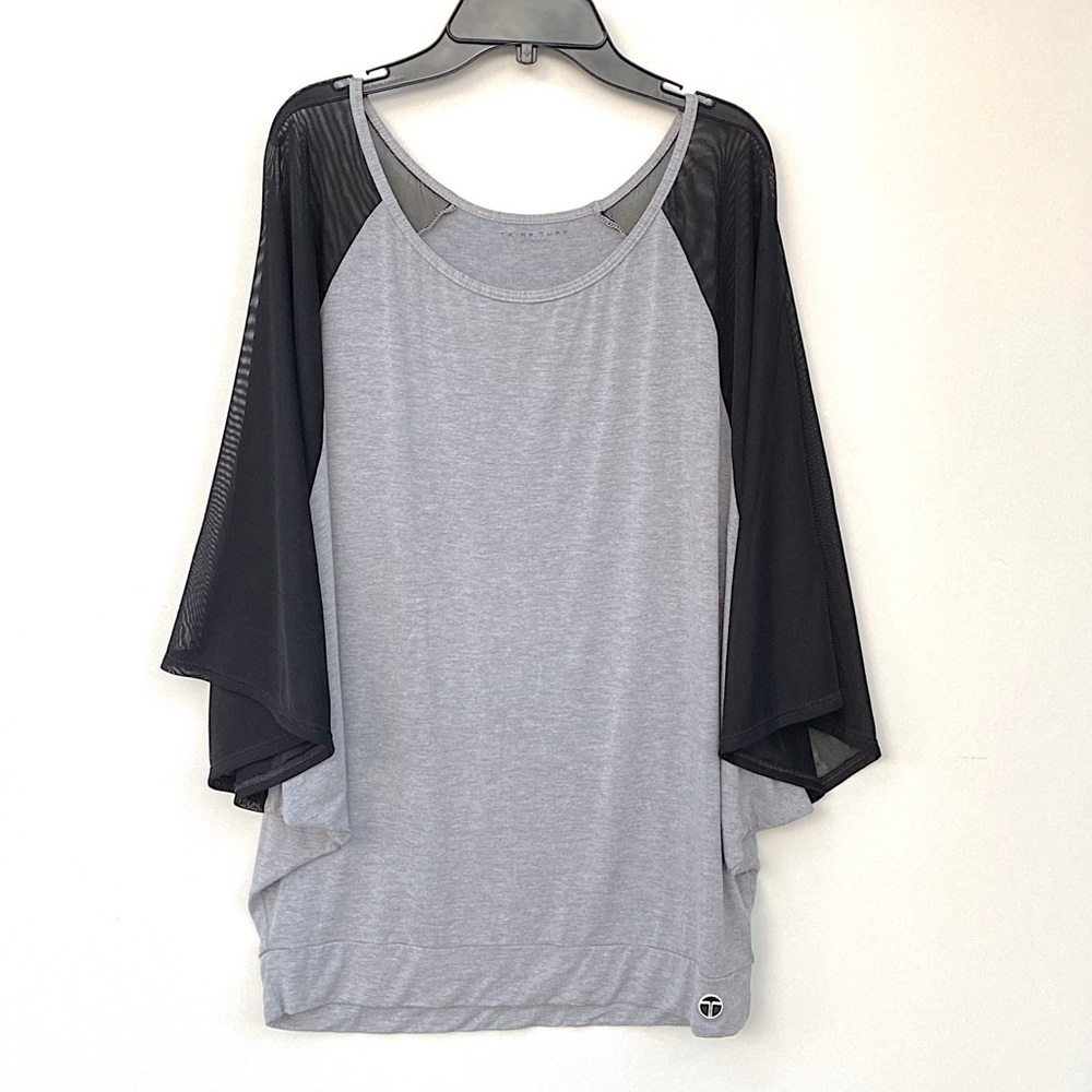 TRINA TURK Recreation Shirt Top Mesh Dolman Sleeve Banded Hem Grey Rayon Medium - Picture 3 of 6